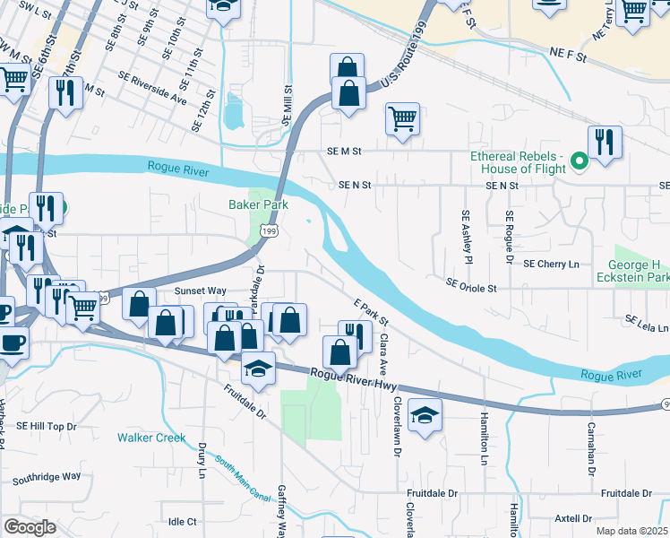 map of restaurants, bars, coffee shops, grocery stores, and more near 916 Southeast Mystic Drive in Grants Pass
