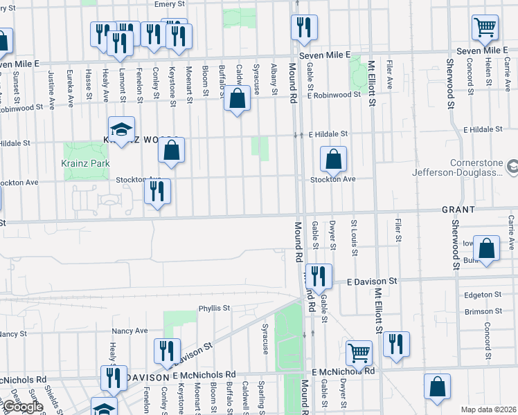 map of restaurants, bars, coffee shops, grocery stores, and more near 5700 Nevada Avenue in Detroit