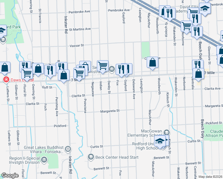 map of restaurants, bars, coffee shops, grocery stores, and more near 18714 Denby in Redford Charter Township