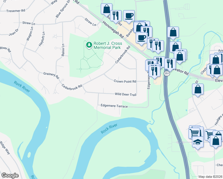 map of restaurants, bars, coffee shops, grocery stores, and more near 4709 Wild Deer Trail in Roscoe