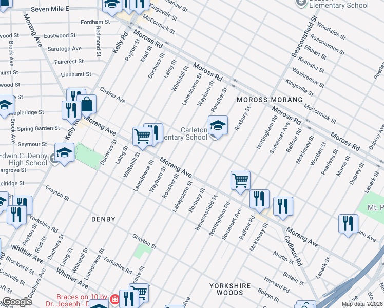 map of restaurants, bars, coffee shops, grocery stores, and more near 11728 Rossiter Street in Detroit