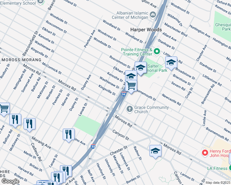 map of restaurants, bars, coffee shops, grocery stores, and more near 20689 Kingsville Street in Harper Woods