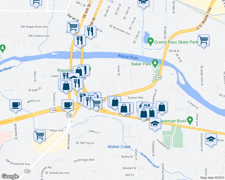 map of restaurants, bars, coffee shops, grocery stores, and more near 1300 Vista Drive in Grants Pass