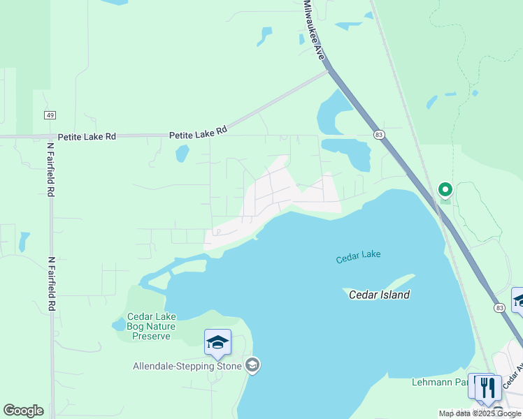 map of restaurants, bars, coffee shops, grocery stores, and more near 23587 West Parkway Avenue in Lake Villa