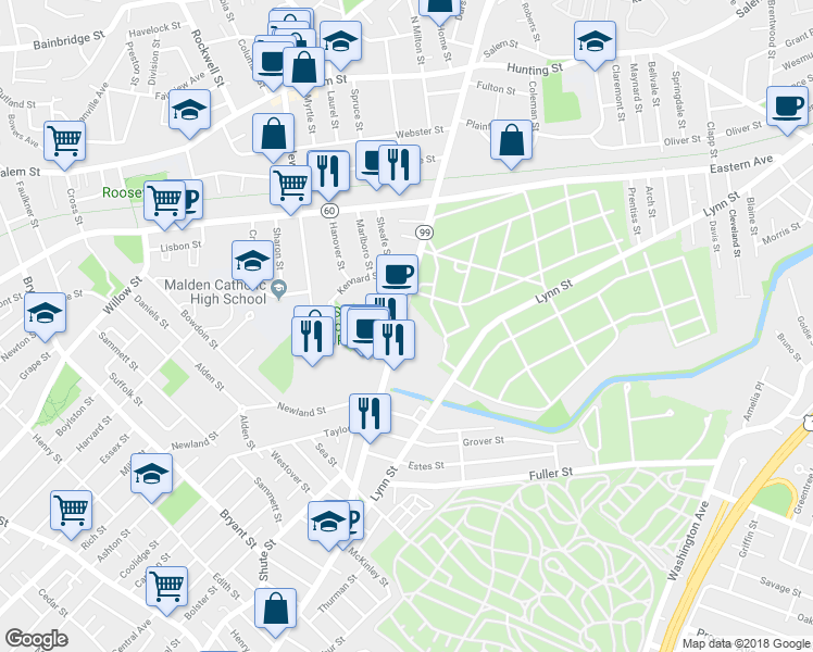 map of restaurants, bars, coffee shops, grocery stores, and more near 109 Broadway in Malden