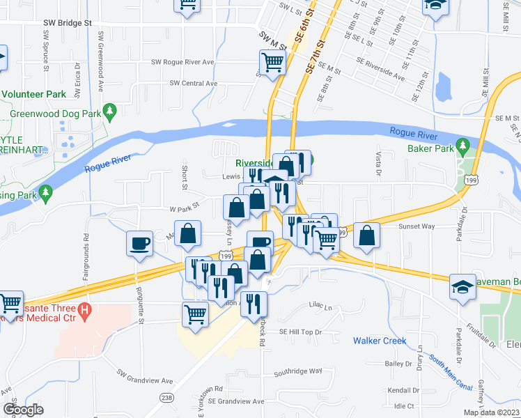 map of restaurants, bars, coffee shops, grocery stores, and more near 204 Redwood Highway in Grants Pass