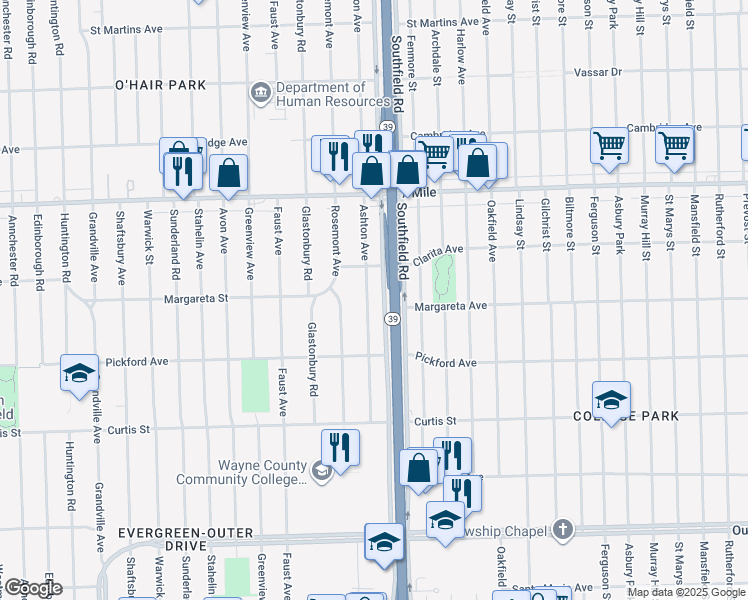 map of restaurants, bars, coffee shops, grocery stores, and more near 18524 Ashton Avenue in Detroit