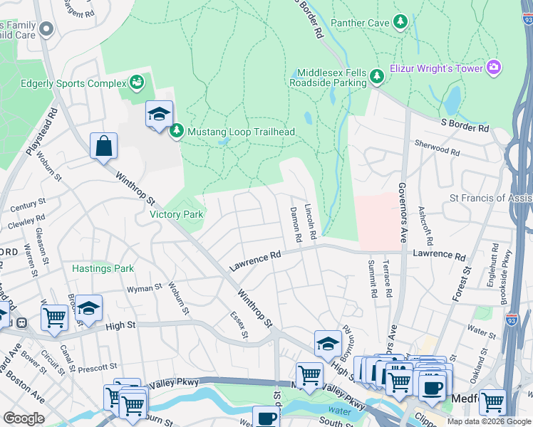 map of restaurants, bars, coffee shops, grocery stores, and more near 40 Ramshead Road in Medford