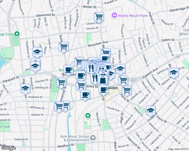 map of restaurants, bars, coffee shops, grocery stores, and more near 1836 Centre Street in Malden
