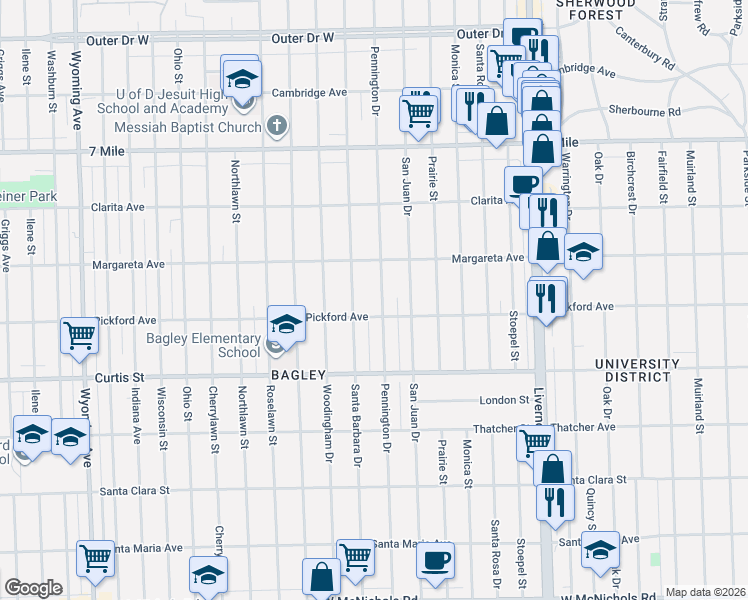 map of restaurants, bars, coffee shops, grocery stores, and more near 18315 Pennington Drive in Detroit