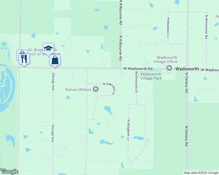 map of restaurants, bars, coffee shops, grocery stores, and more near 38838 North Oakcrest Lane in Wadsworth