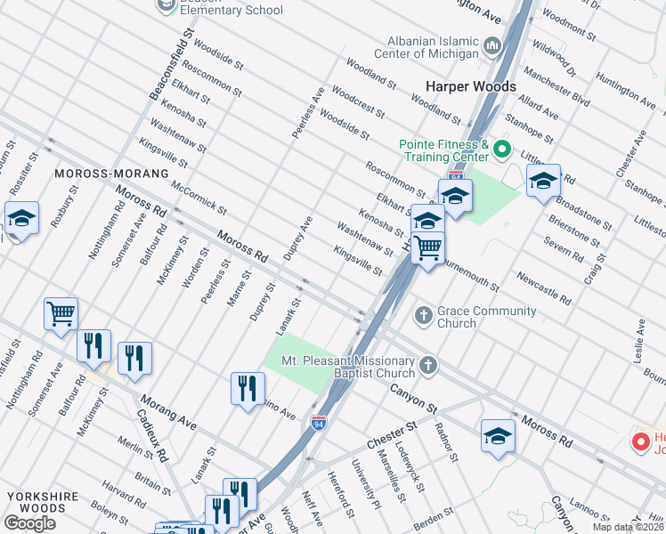 map of restaurants, bars, coffee shops, grocery stores, and more near 20600 McCormick Street in Detroit