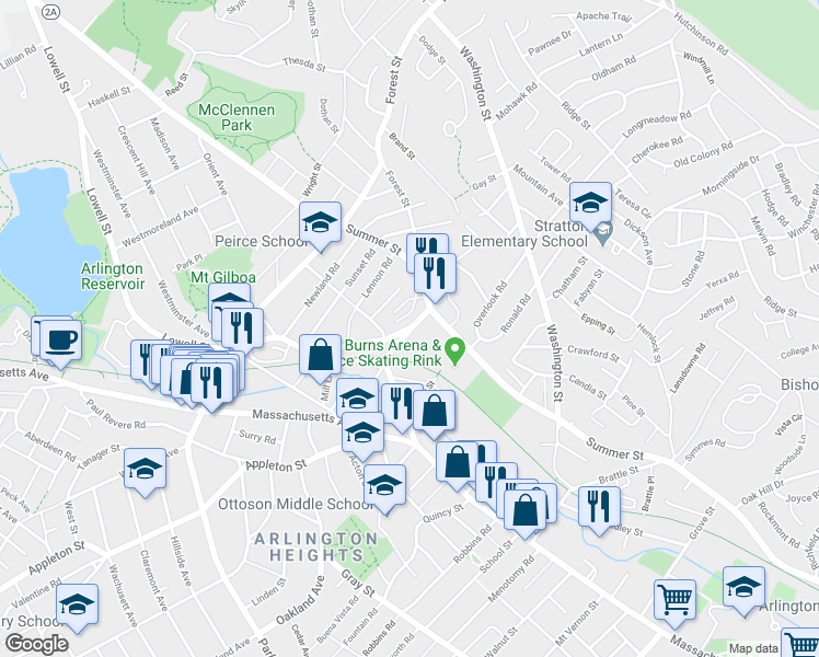 map of restaurants, bars, coffee shops, grocery stores, and more near 4 Bow Street in Arlington