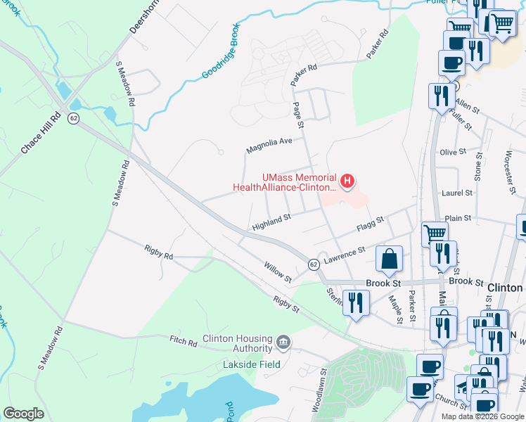 map of restaurants, bars, coffee shops, grocery stores, and more near 34 Highland Street in Clinton