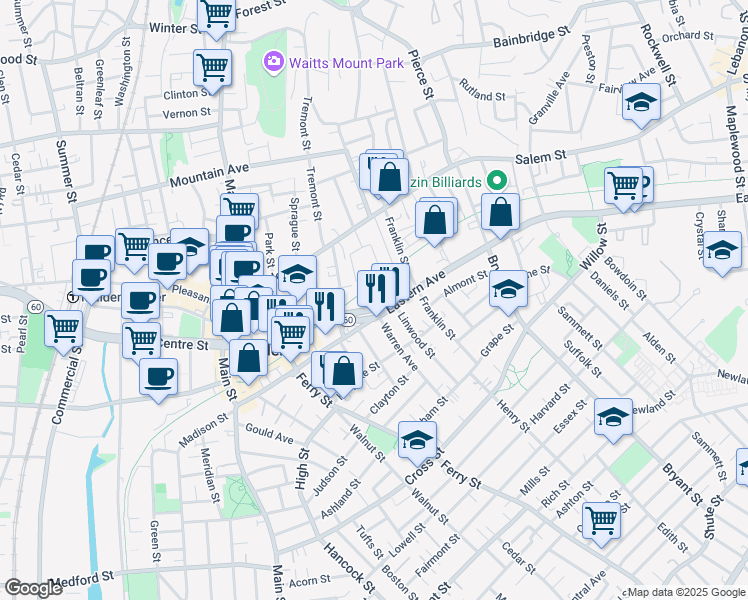 map of restaurants, bars, coffee shops, grocery stores, and more near 247 Eastern Avenue in Malden