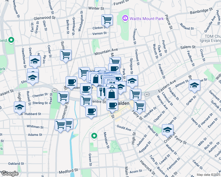map of restaurants, bars, coffee shops, grocery stores, and more near 1836 Centre Street in Malden