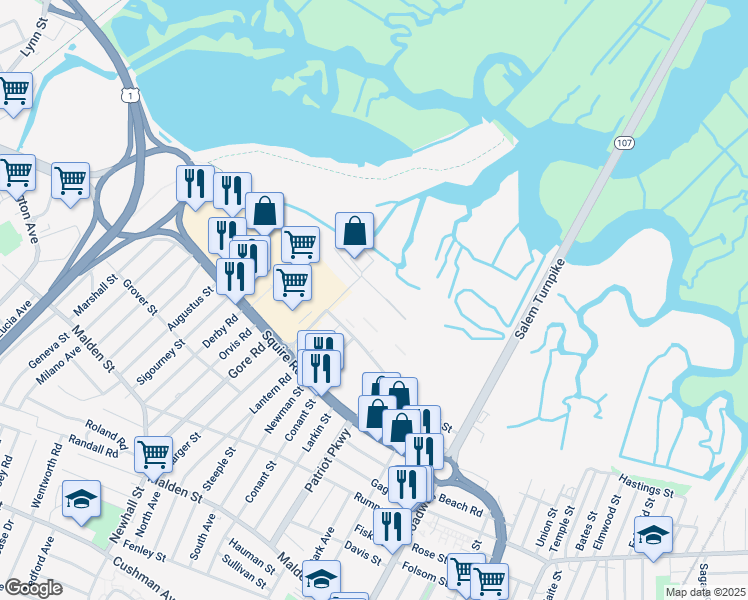 map of restaurants, bars, coffee shops, grocery stores, and more near 321 Charger Street in Revere