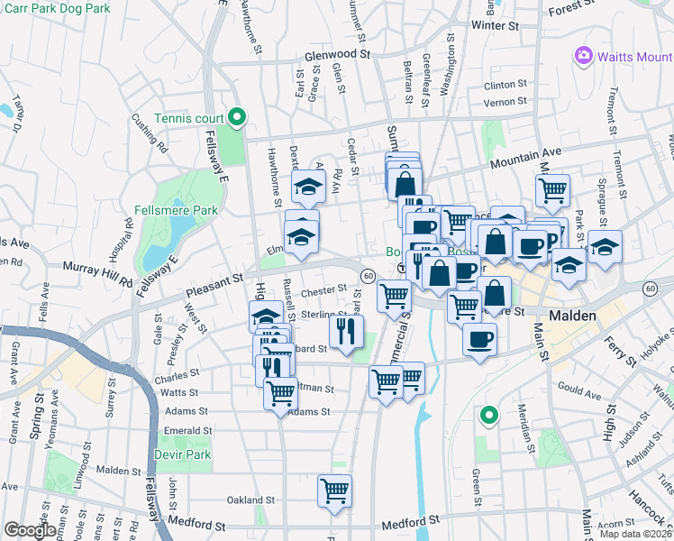 map of restaurants, bars, coffee shops, grocery stores, and more near 26-28 Chester Street in Malden