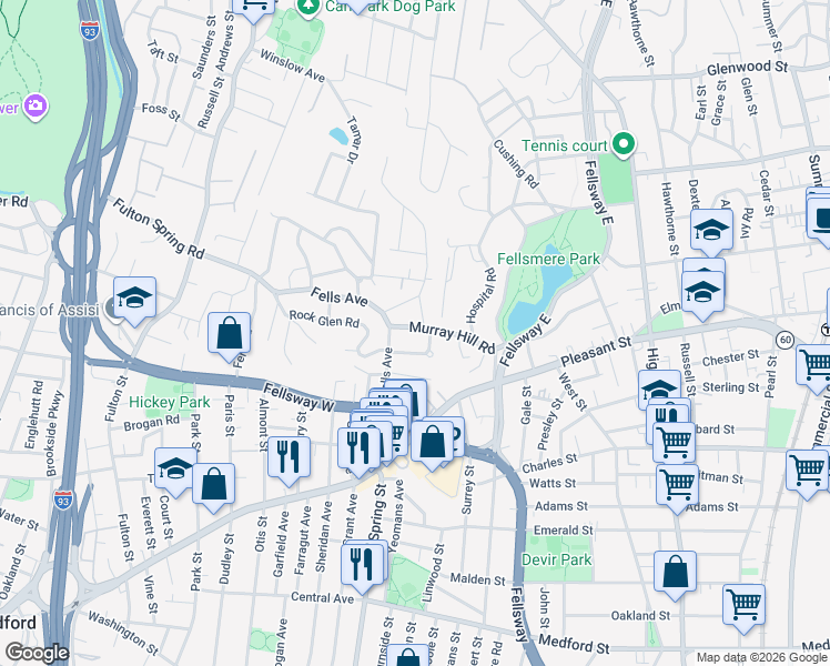 map of restaurants, bars, coffee shops, grocery stores, and more near 33 Fells Avenue Terrace in Medford