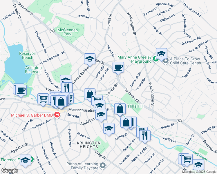 map of restaurants, bars, coffee shops, grocery stores, and more near 81 Forest Street in Arlington