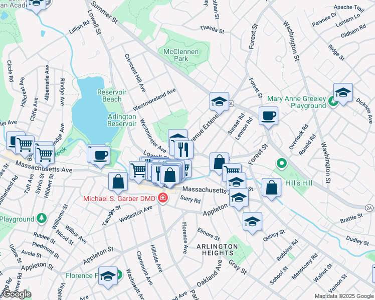 map of restaurants, bars, coffee shops, grocery stores, and more near 3 Viking Court in Arlington