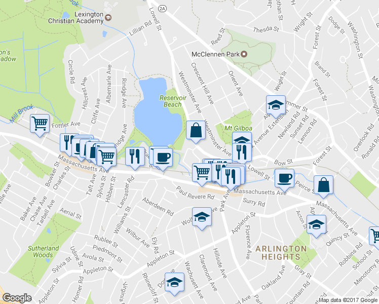 map of restaurants, bars, coffee shops, grocery stores, and more near 176 Lowell Street in Arlington