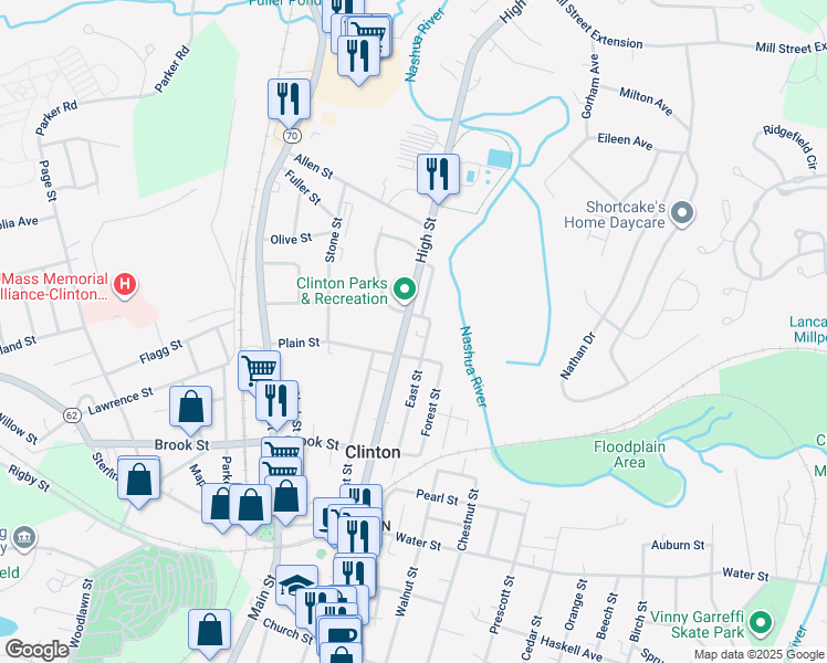 map of restaurants, bars, coffee shops, grocery stores, and more near 284 East Street in Clinton