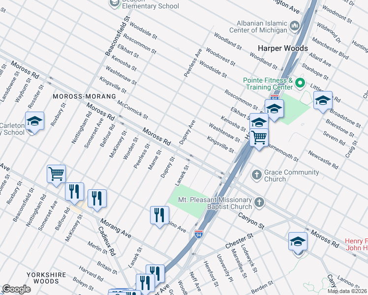 map of restaurants, bars, coffee shops, grocery stores, and more near 20467 Moross Road in Detroit