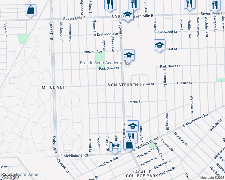 map of restaurants, bars, coffee shops, grocery stores, and more near 17844 Albion Avenue in Detroit