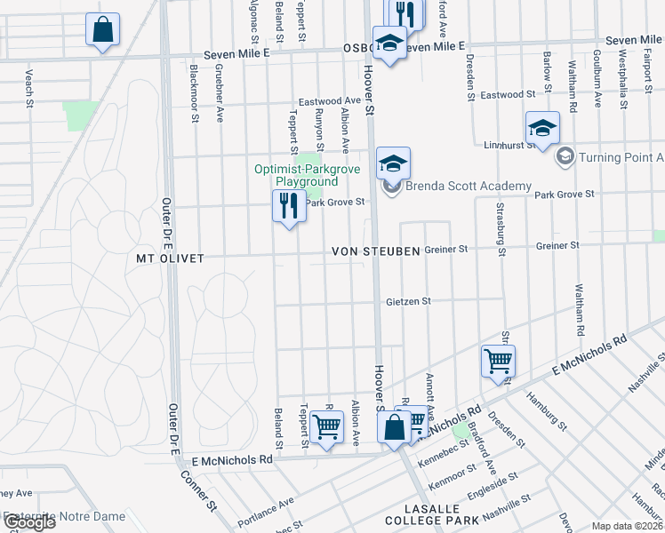 map of restaurants, bars, coffee shops, grocery stores, and more near 17843 Runyon Street in Detroit