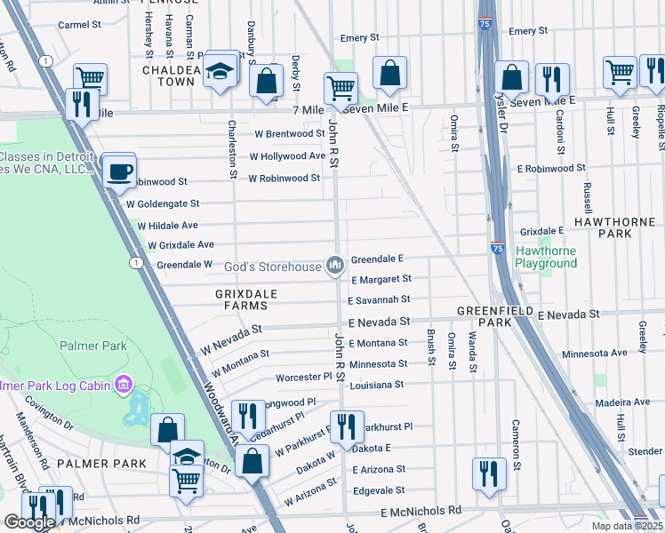map of restaurants, bars, coffee shops, grocery stores, and more near 45 West Margaret Street in Highland Park