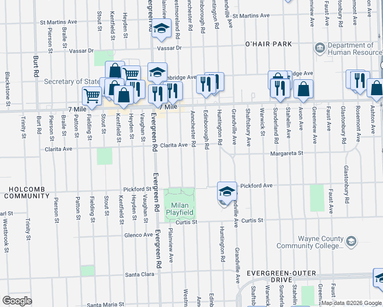 map of restaurants, bars, coffee shops, grocery stores, and more near 18498 Annchester Road in Detroit