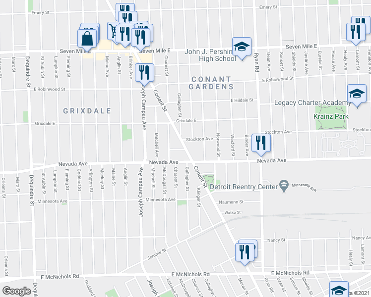 map of restaurants, bars, coffee shops, grocery stores, and more near 18035 Conant St in Detroit