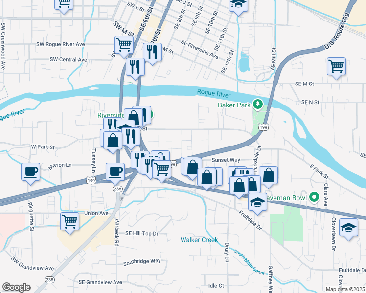 map of restaurants, bars, coffee shops, grocery stores, and more near 175 Marilee Row in Grants Pass