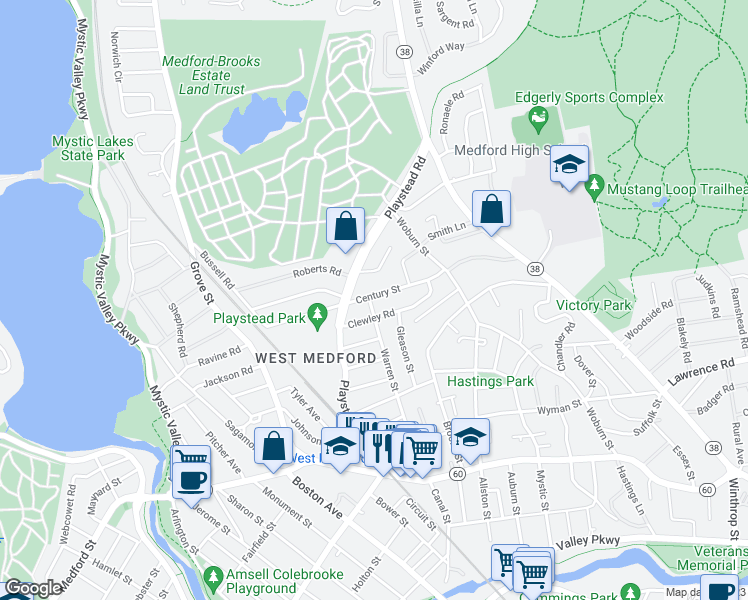 map of restaurants, bars, coffee shops, grocery stores, and more near 54 Century Street in Medford