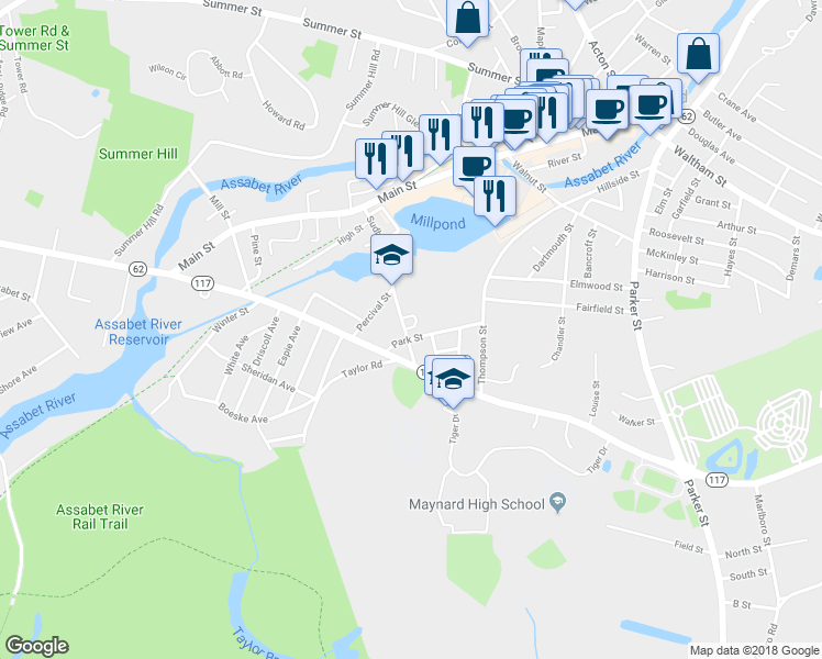 map of restaurants, bars, coffee shops, grocery stores, and more near 38 Sudbury Street in Maynard