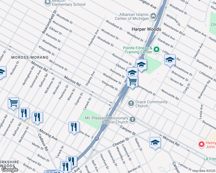 map of restaurants, bars, coffee shops, grocery stores, and more near 20493 Kingsville Street in Harper Woods