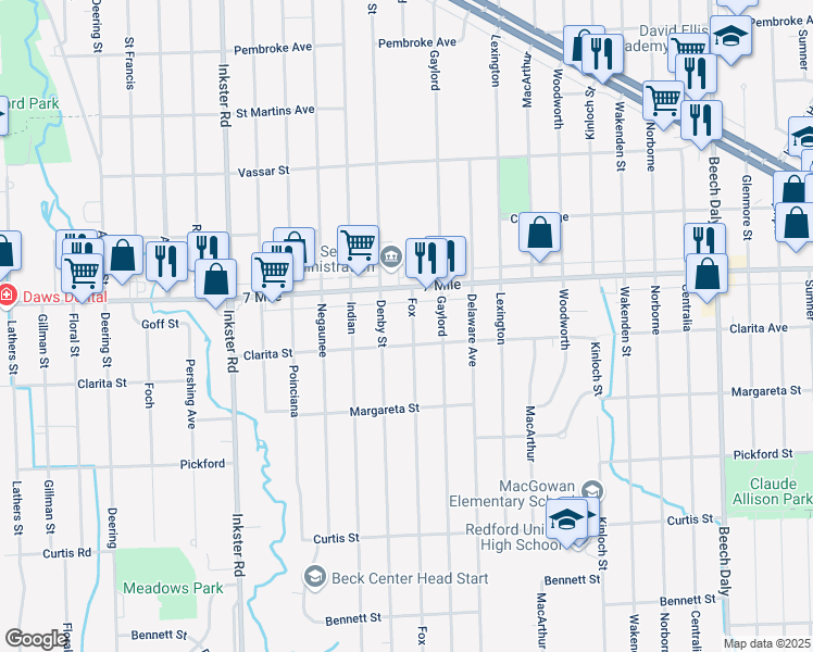 map of restaurants, bars, coffee shops, grocery stores, and more near 18839 Fox in Redford Charter Township