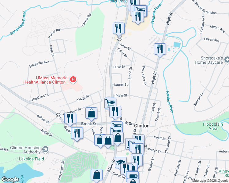 map of restaurants, bars, coffee shops, grocery stores, and more near 4 Main Street in Clinton