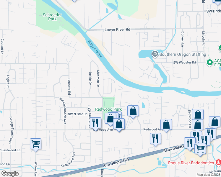 map of restaurants, bars, coffee shops, grocery stores, and more near 1241 Dowell Road in Grants Pass