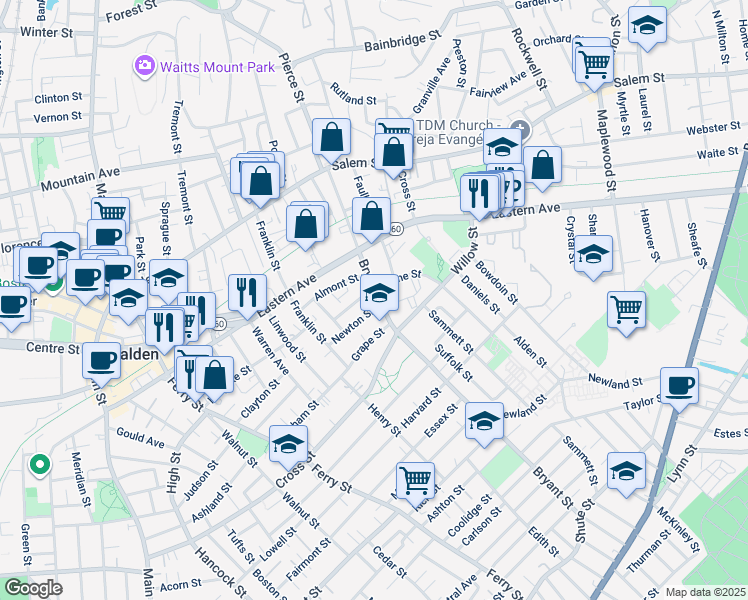 map of restaurants, bars, coffee shops, grocery stores, and more near 67 Almont Street in Malden