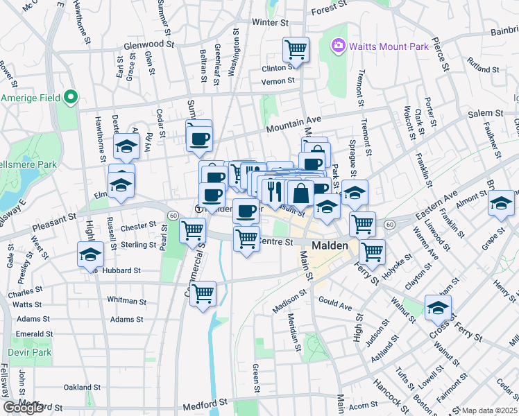 map of restaurants, bars, coffee shops, grocery stores, and more near 95-105 Pleasant Street in Malden