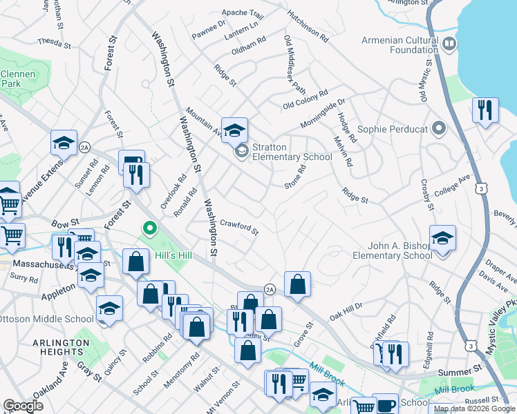 map of restaurants, bars, coffee shops, grocery stores, and more near 87 Dickson Avenue in Arlington