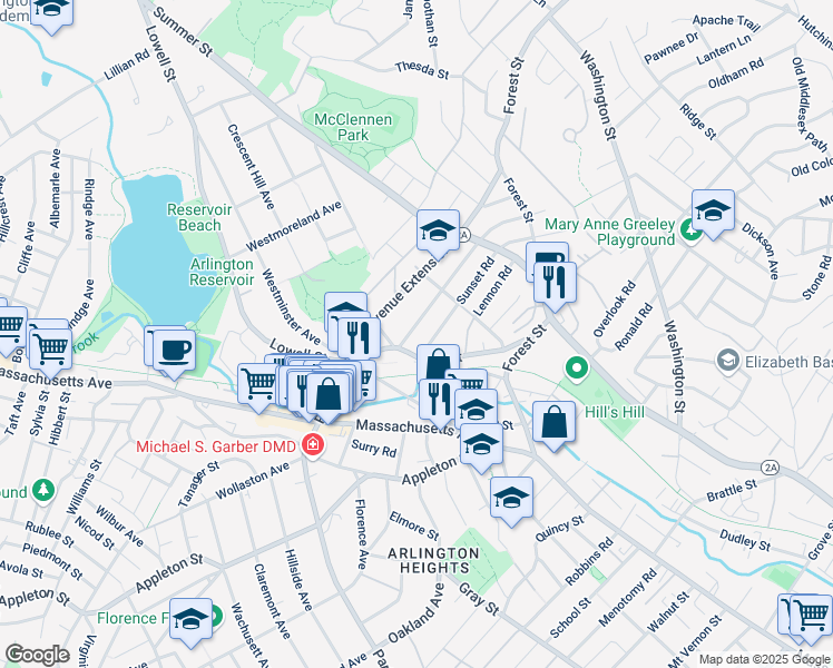map of restaurants, bars, coffee shops, grocery stores, and more near 49 Park Avenue Extension in Arlington