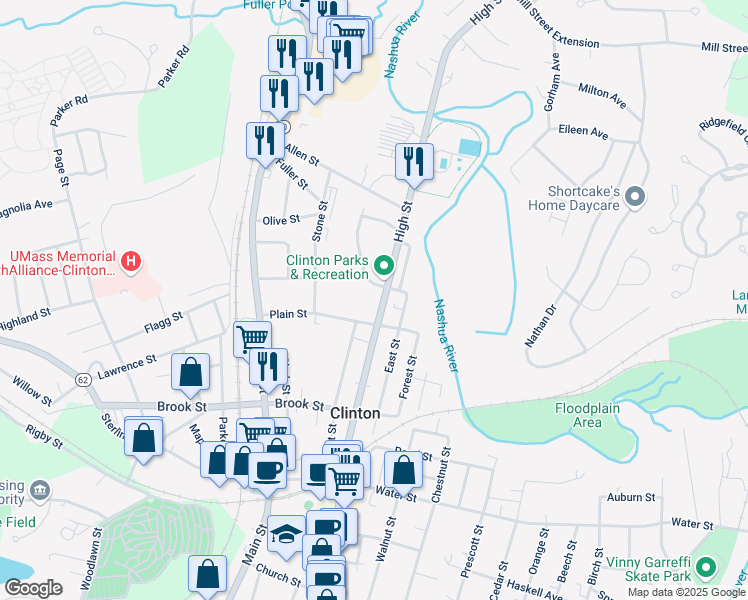 map of restaurants, bars, coffee shops, grocery stores, and more near 560 High Street in Clinton