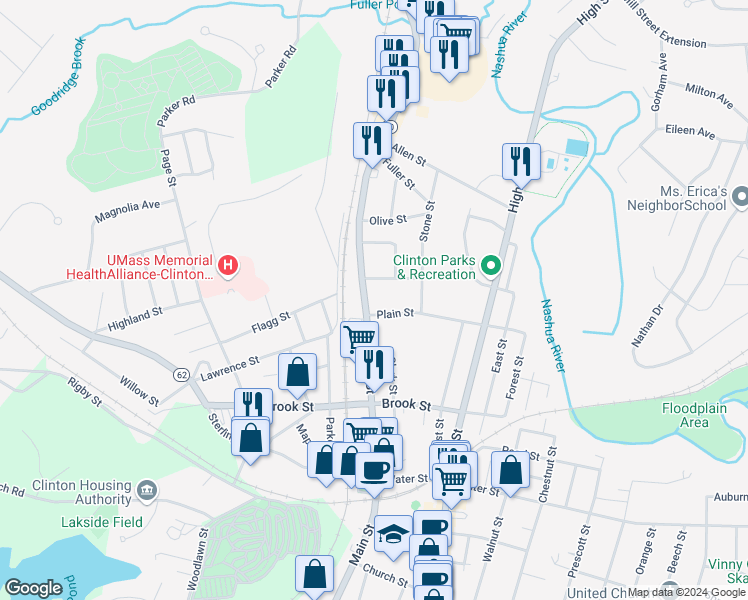 map of restaurants, bars, coffee shops, grocery stores, and more near 4 Main Street in Clinton