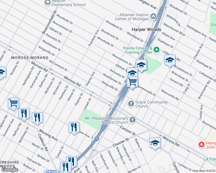 map of restaurants, bars, coffee shops, grocery stores, and more near 20493 Kingsville Street in Harper Woods