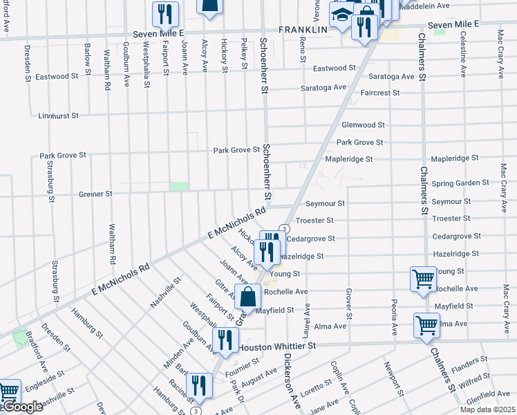 map of restaurants, bars, coffee shops, grocery stores, and more near 13440 Greiner Street in Detroit