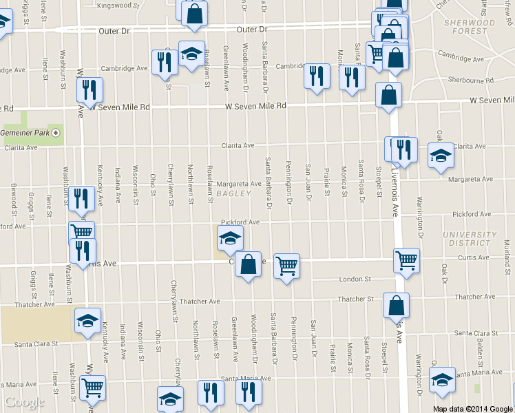 map of restaurants, bars, coffee shops, grocery stores, and more near 18501 Santa Barbara Drive in Detroit