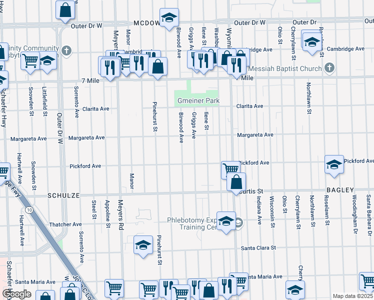 map of restaurants, bars, coffee shops, grocery stores, and more near 18501 Griggs Street in Detroit